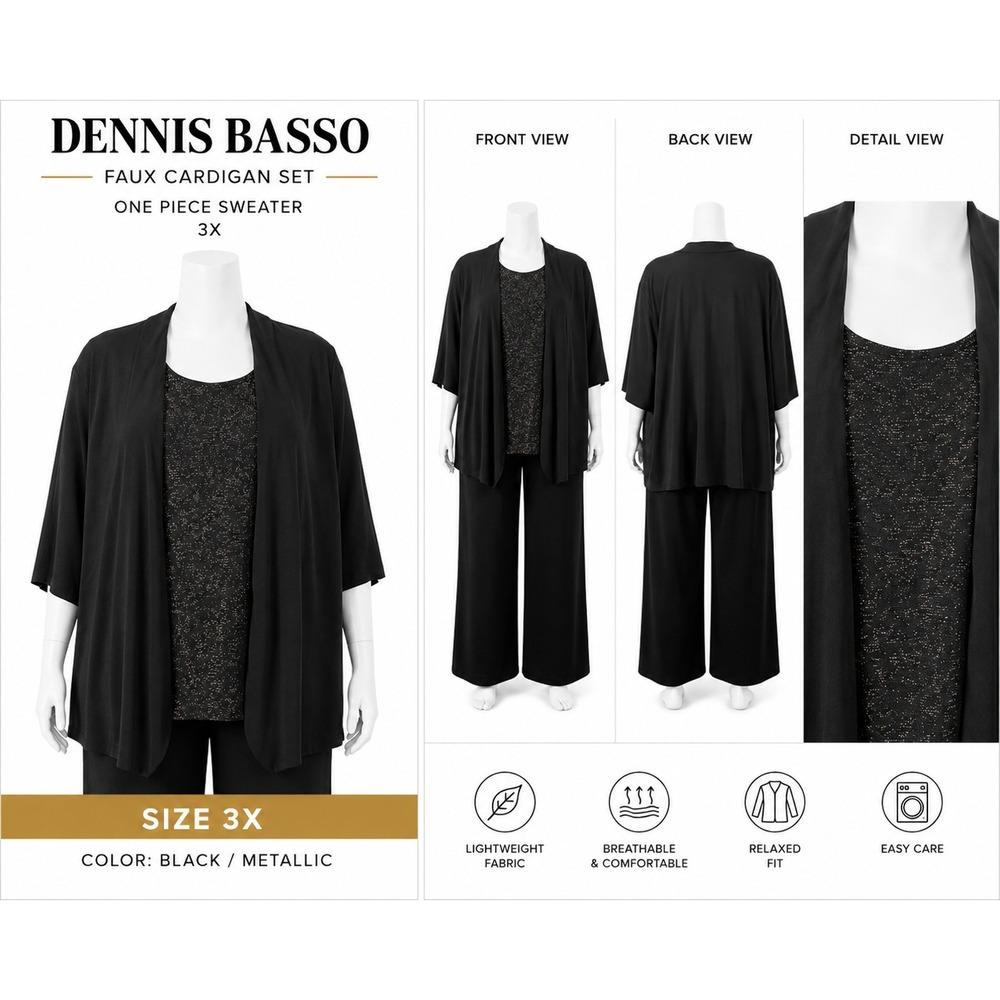 Dennis Basso Faux Cardigan Set One Piece Sweater Black Metallic Plus Size 3X NEW